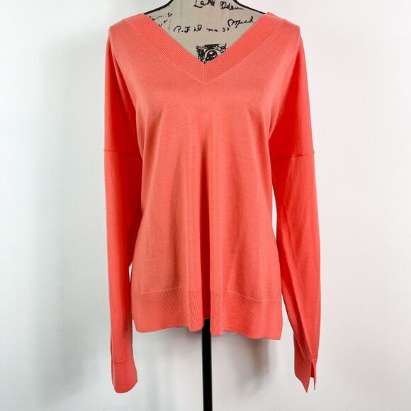 St. John NWT Women's Pink Orange Contrast Back Wool V-Neck Sweater Size M - Picture 1 of 12